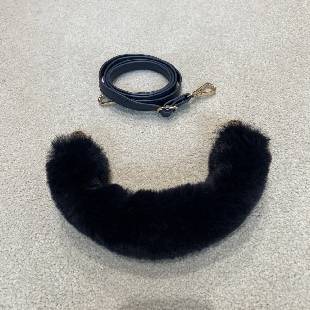 Calpak Navy Faux‎ Leather Crossbody Strap & Faux Fur Top Handle For Wallet